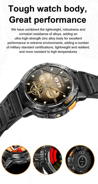 Brilliant AMOLED display smartwatch with flashlight.