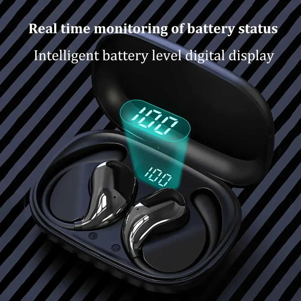 TWS earphones with secure ear hook design.
