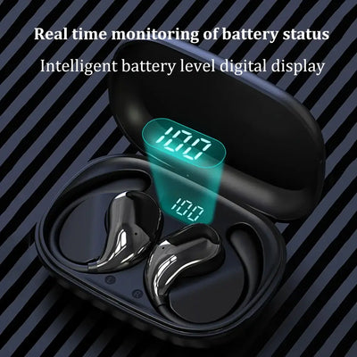 TWS earphones with secure ear hook design.
