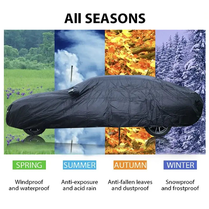 Waterproof cover shields your car from sun, rain & snow.