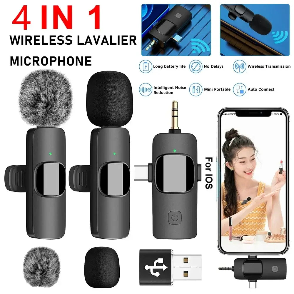4-in-1 wireless mic for iPhone, Android, cameras.