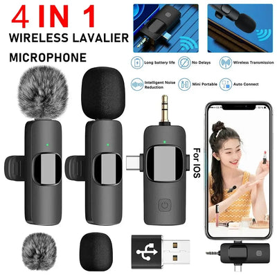 4-in-1 wireless mic for iPhone, Android, cameras.