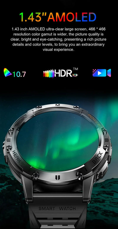 Brilliant AMOLED display smartwatch with flashlight.