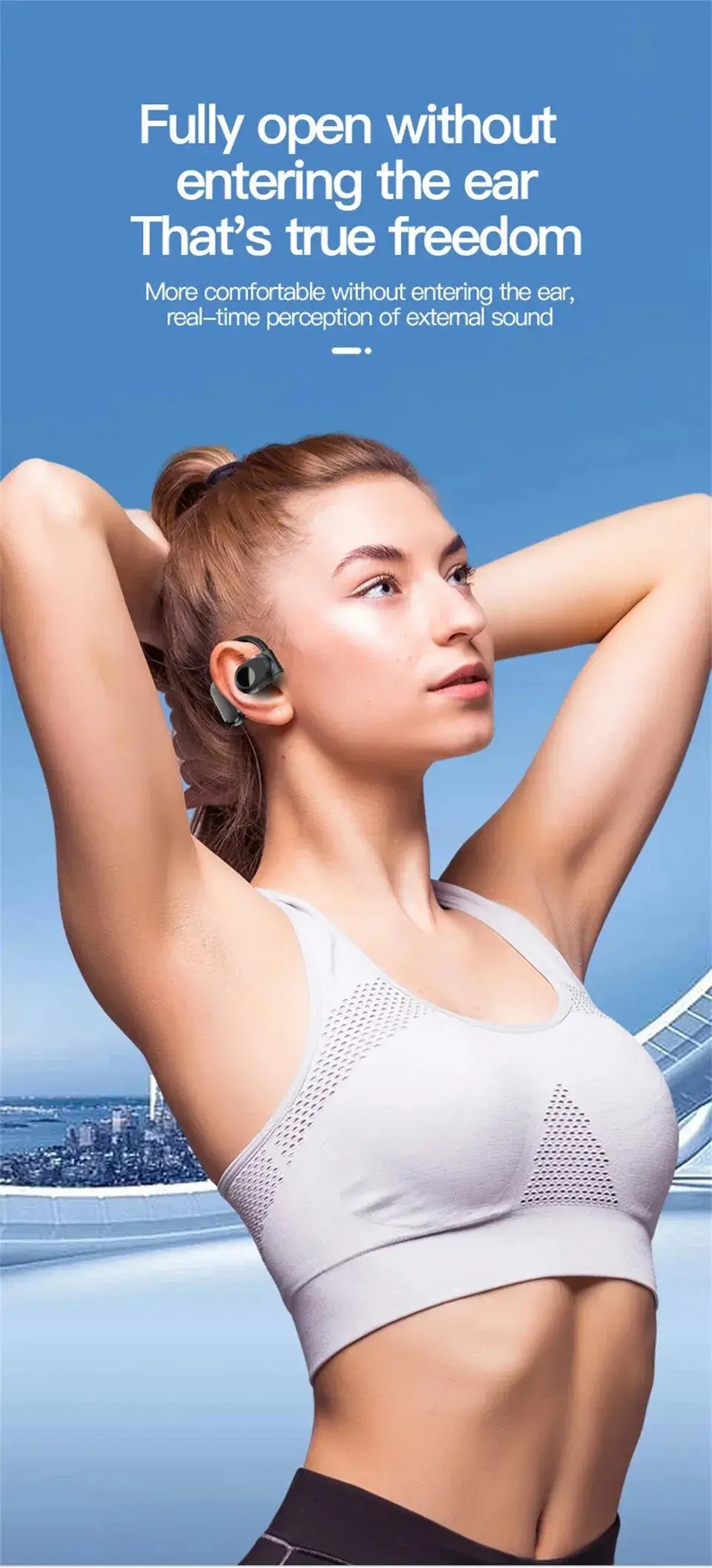 Bone conduction tech delivers clear sound via cheekbones.
