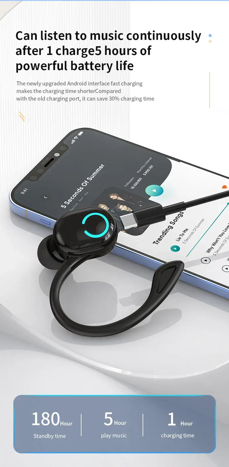Secure ear hook stays in place during movement.