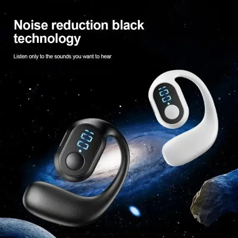 TWS wireless earbuds with secure ear hooks.
