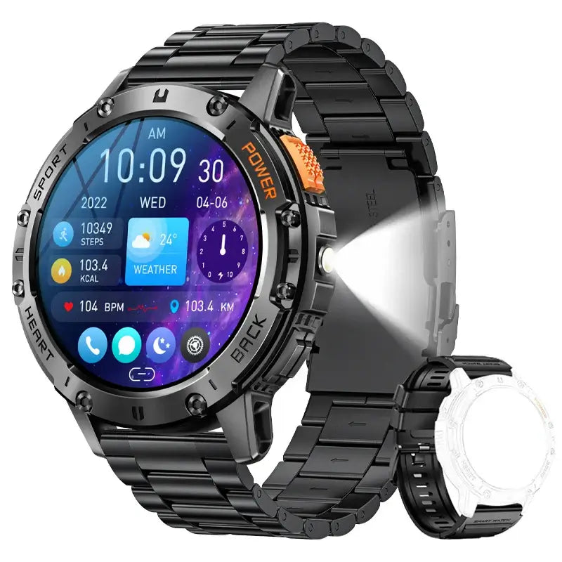Brilliant AMOLED display smartwatch with flashlight.