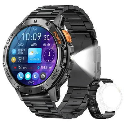 Brilliant AMOLED display smartwatch with flashlight.