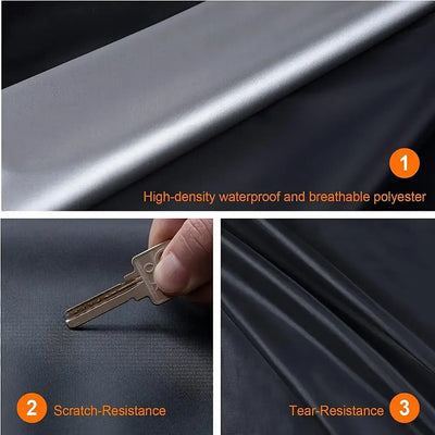 Waterproof full car cover shields from sun & rain.
