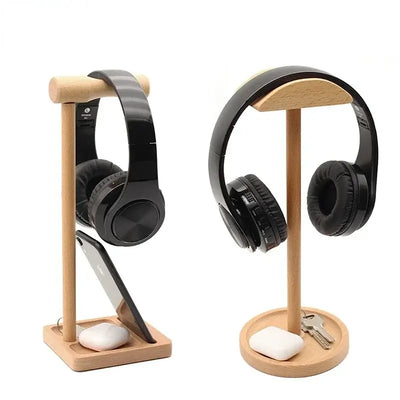 Elegant wooden headphone stand for all headsets.