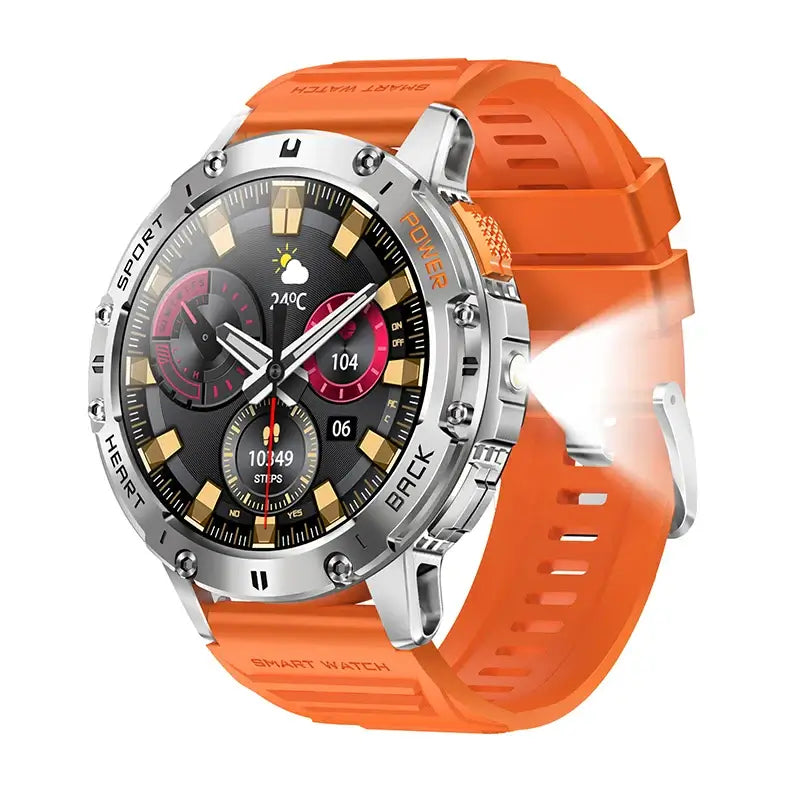 Brilliant AMOLED display smartwatch with flashlight.