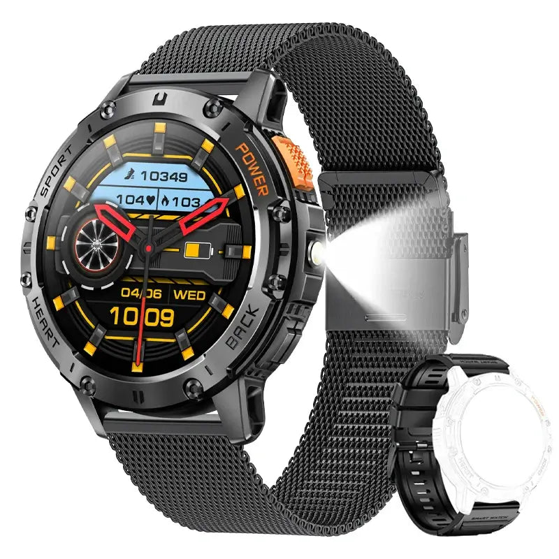 Brilliant AMOLED display smartwatch with flashlight.