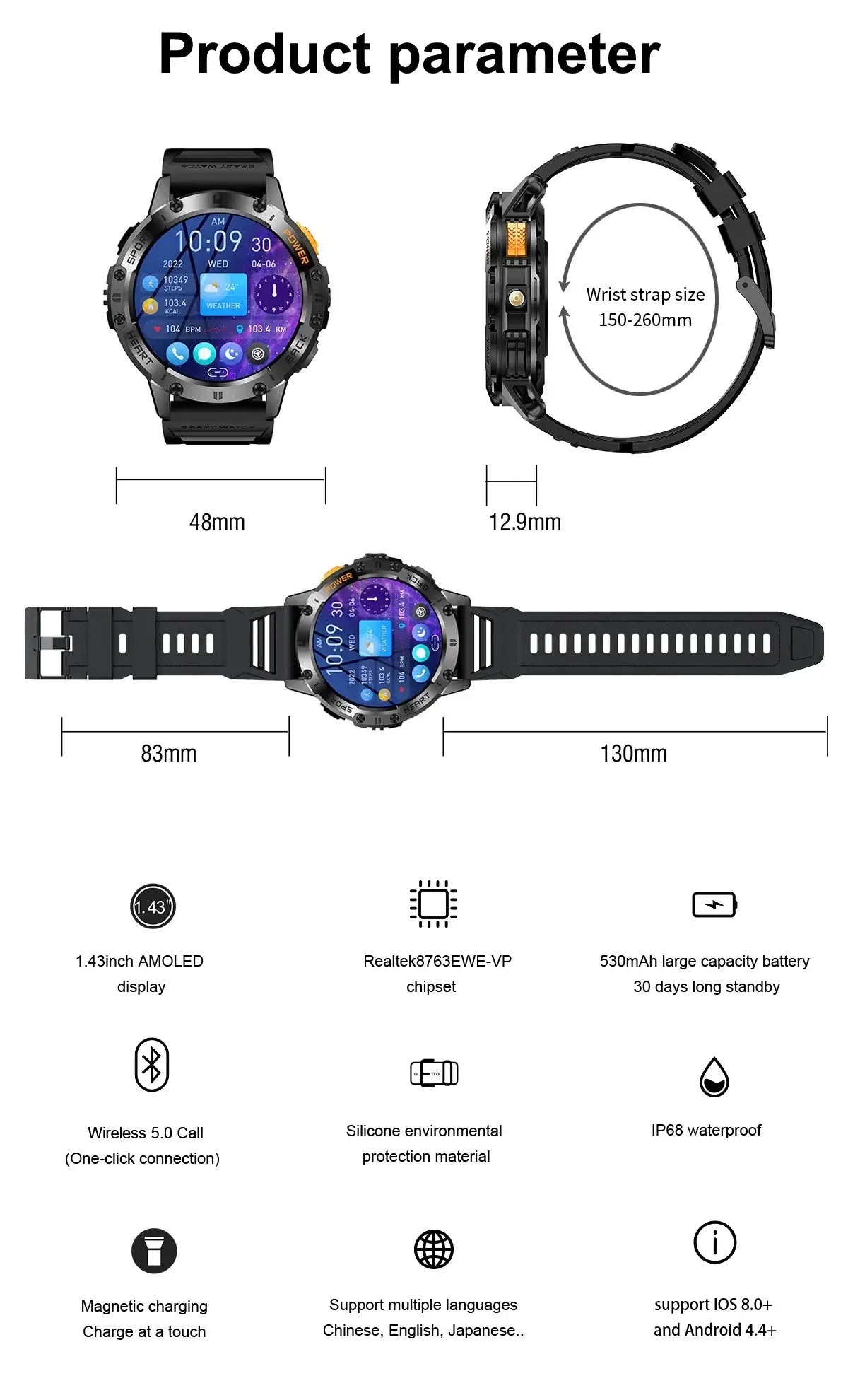 Brilliant AMOLED display smartwatch with flashlight.