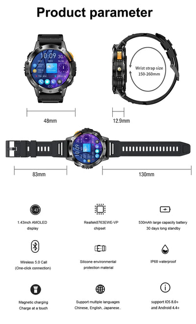 Brilliant AMOLED display smartwatch with flashlight.