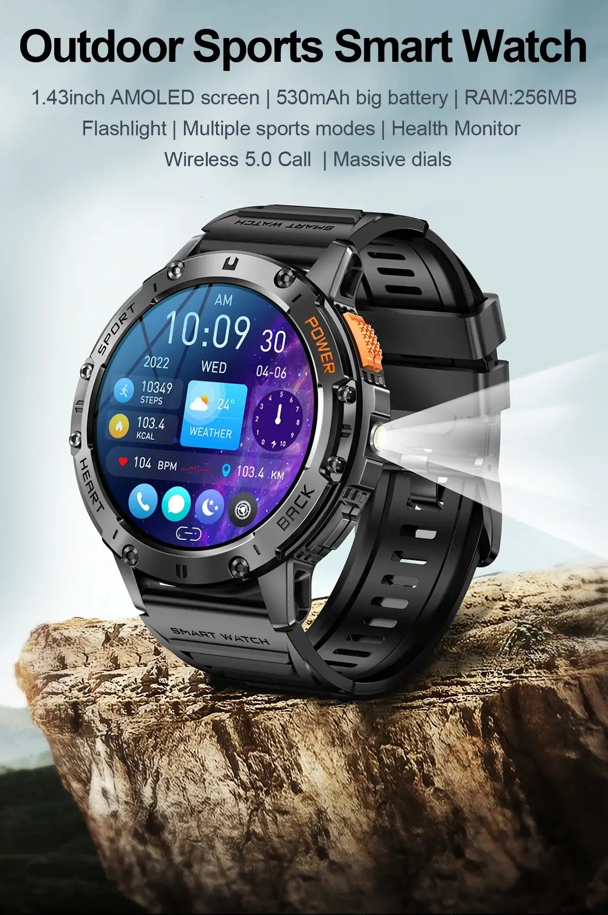 Brilliant AMOLED display smartwatch with flashlight.