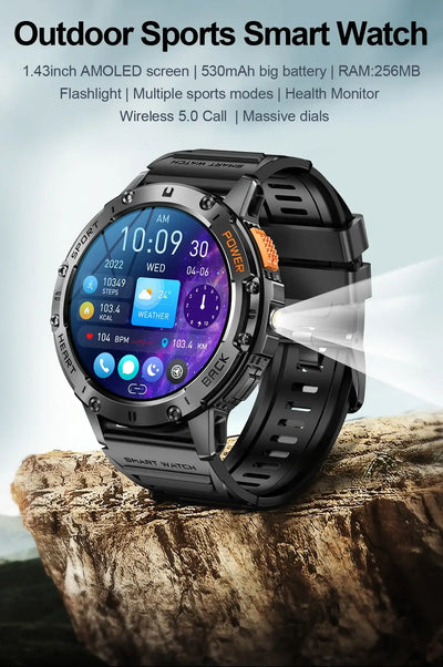 Brilliant AMOLED display smartwatch with flashlight.