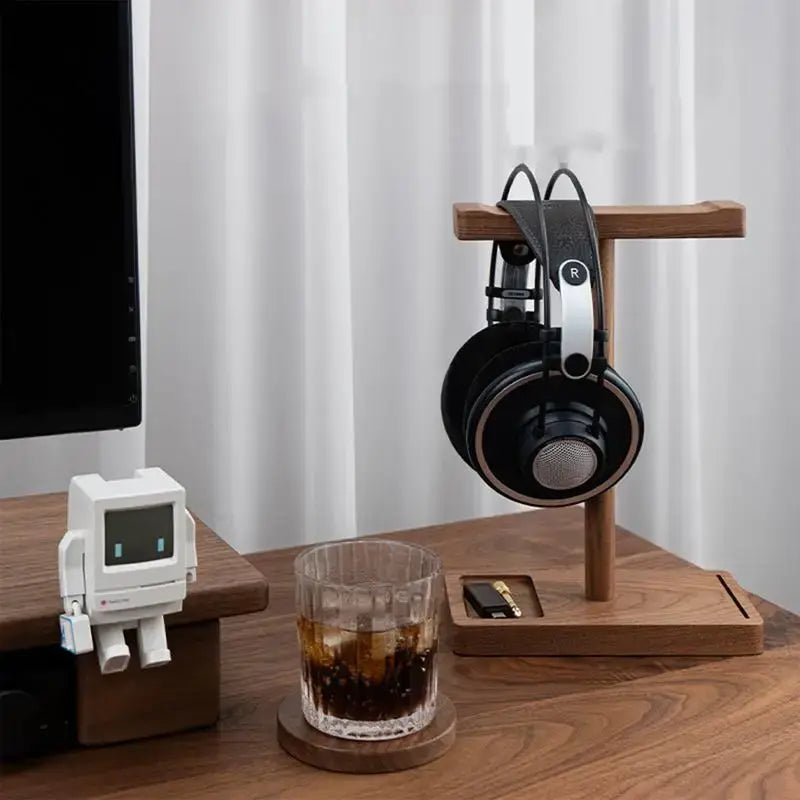 Sturdy and stylish walnut headset holder.