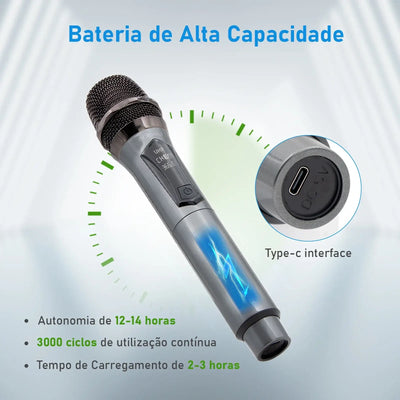 Rechargeable mics with long battery life.