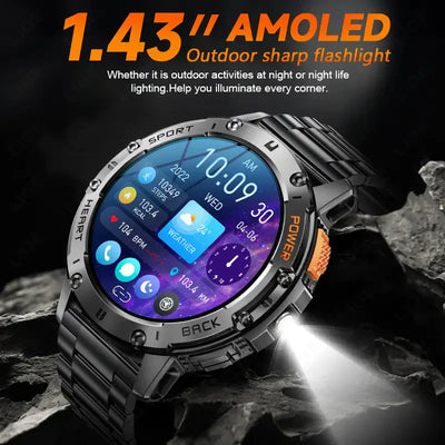 Brilliant AMOLED display smartwatch with flashlight.