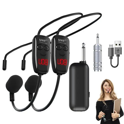 Rechargeable UHF wireless headset mic for clear voice.