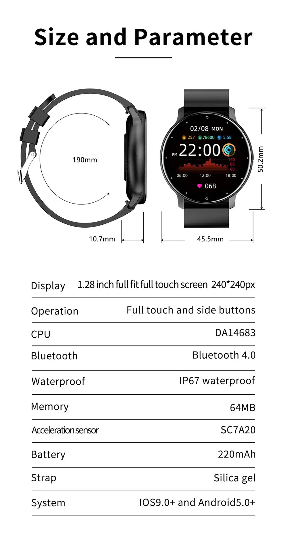 Sleek LIGE smartwatch with full touch display.