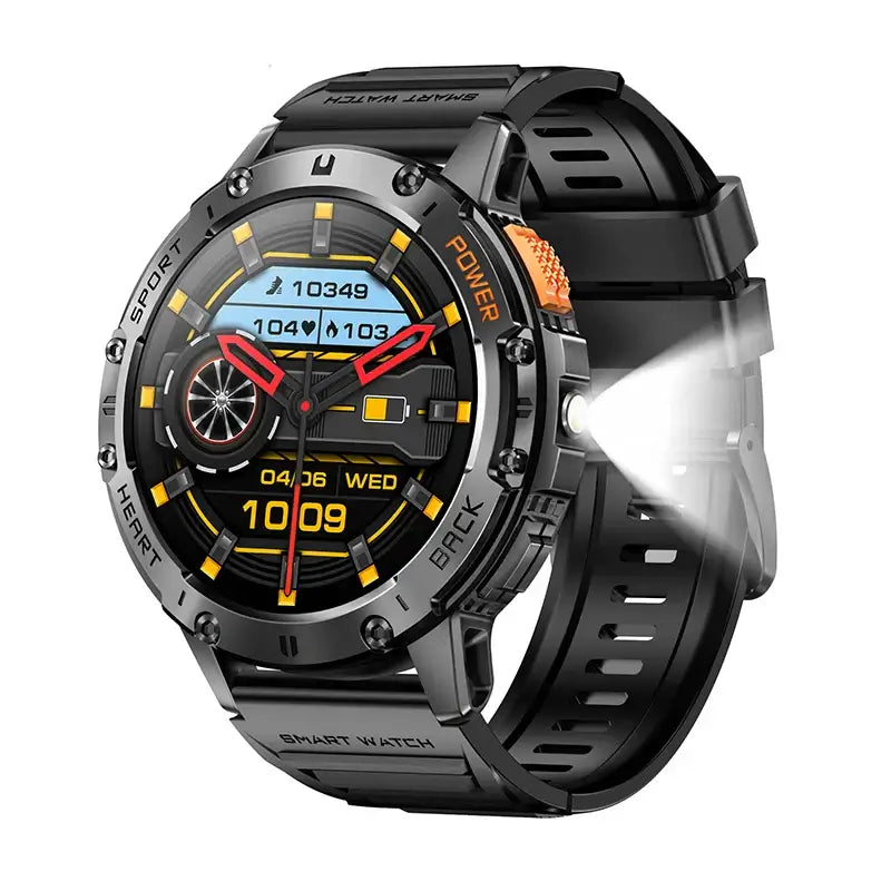 Brilliant AMOLED display smartwatch with flashlight.